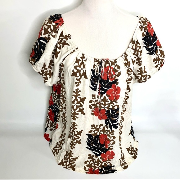 VINTAGE HAWAIIAN BISHOP ST. PULLOVER BOHO STYLE DRAWSTRING COLLAR TOP #145 - Picture 1 of 9